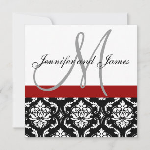 Wedding Invitation Monogram Names Hot Red Damask