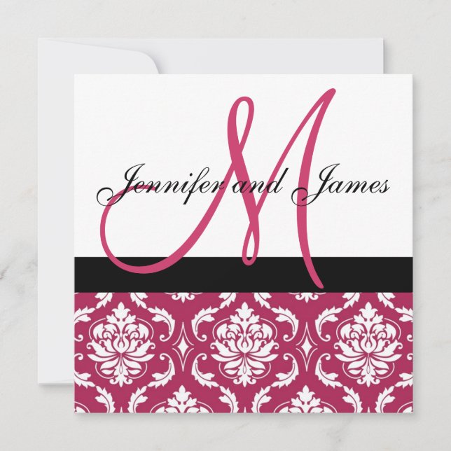 Wedding Invitation Monogram Names Pink Damask (Front)