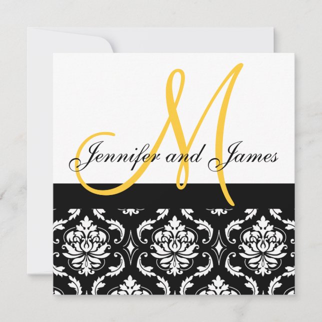 Wedding Invitation Monogram Names Yellow Damask (Front)