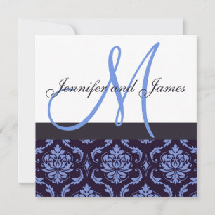 Wedding Invitation Monogram Navy Blue Damask