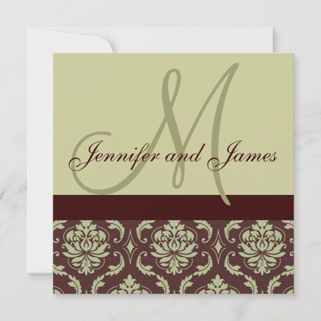 Wedding Invitation Monogram Taupe Brown Damask (Front)