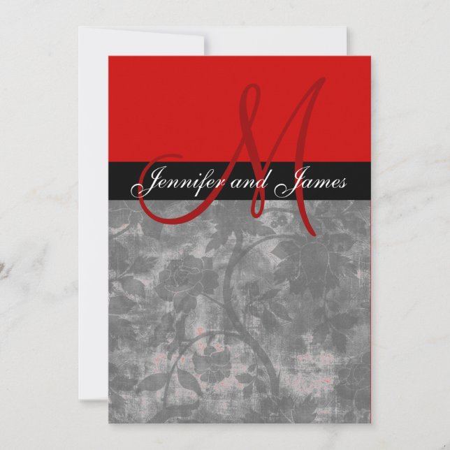 Wedding Invitation Monogram Vintage Red Floral (Front)