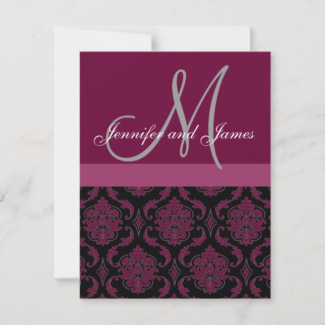 Wedding Invitation Monogram Wine & Grey Damask (Front)