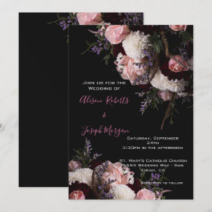 Wedding Invitation moody floral ,Burgundy  white 