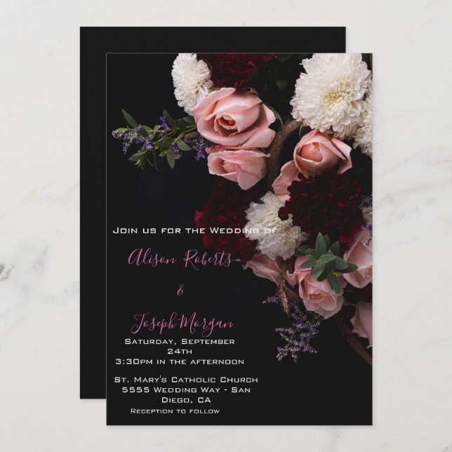 Wedding Invitation moody floral ,Burgundy  white  (Front/Back)