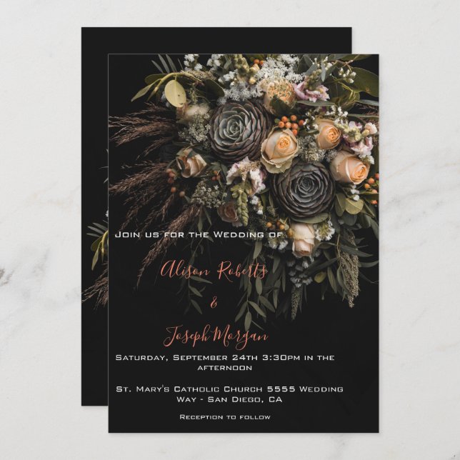 Wedding Invitation moody floral orange   white  (Front/Back)