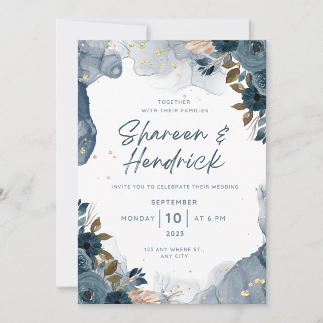 Wedding Invitation Navy Alcohol Ink Floral (Front)