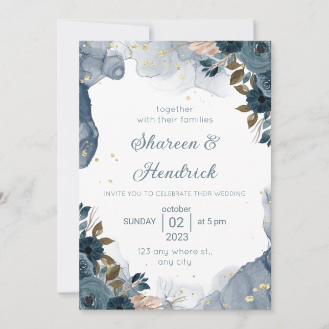 Wedding Invitation Navy Alcohol Ink Floral Backgro (Front)