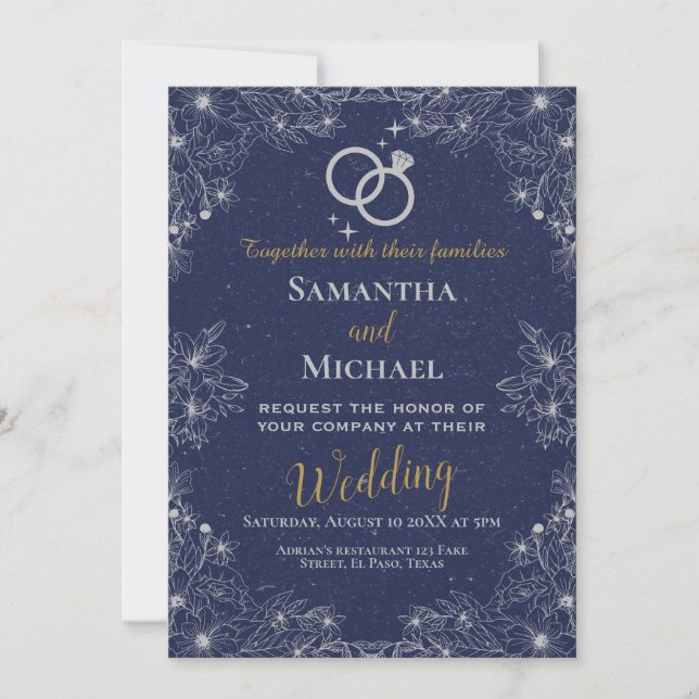 Wedding invitation: navy blue, silver, rsvp, QR Invitation (Front)