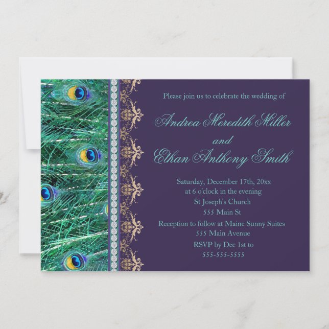 Wedding invitation peacock diamonds purple (Front)