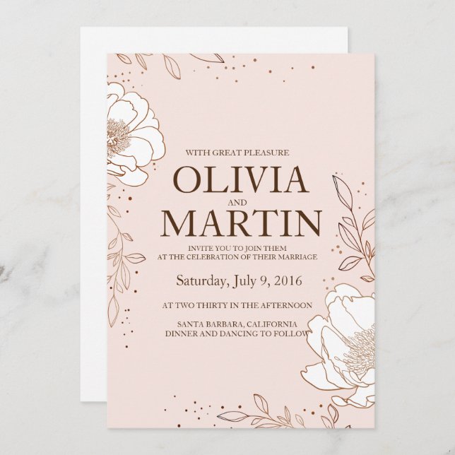 Wedding invitation Peony Rose Gold foil stamping (Front/Back)