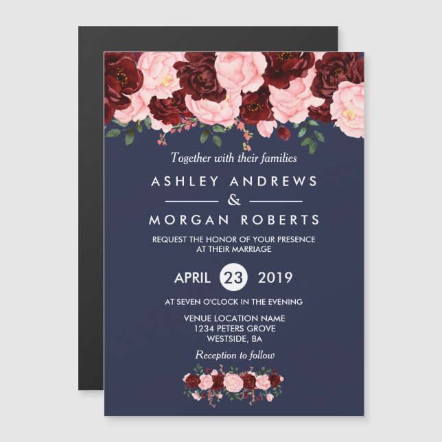 Wedding Invitation: Pink Burgundy Navy Blue Floral Magnetic Invitation (Front/Back)