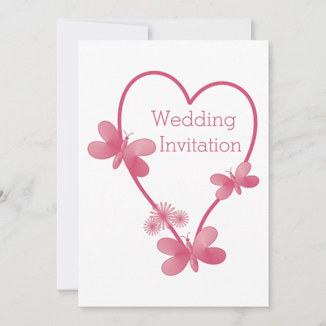 Wedding Invitation Pink Heart And Butterflies (Front)
