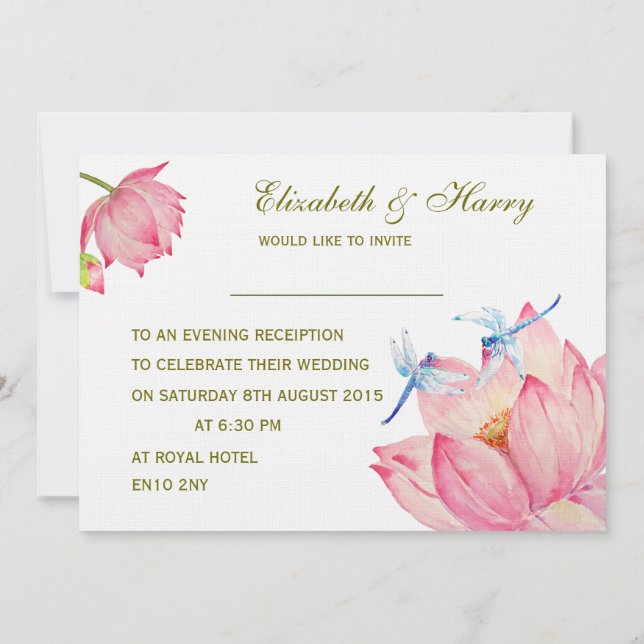 Wedding Invitation Pink Lotus & Blue Dragon flies (Back)