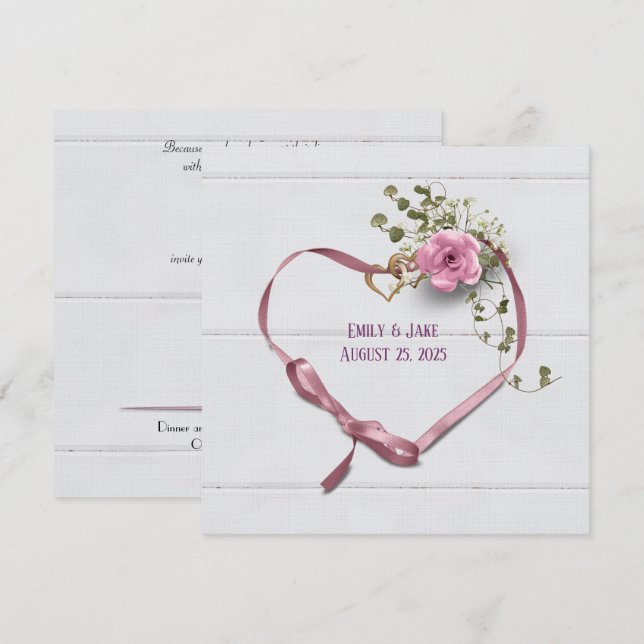wedding invitation pink ribbon heart with rings (Front/Back)