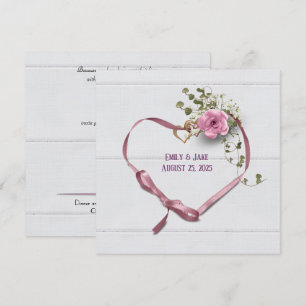 wedding invitation pink ribbon heart with rings
