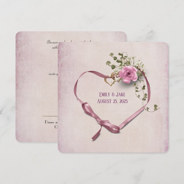 wedding invitation pink ribbon heart with rings (Front/Back)