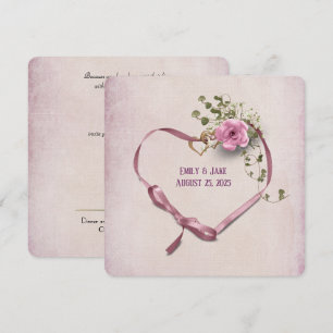 wedding invitation pink ribbon heart with rings