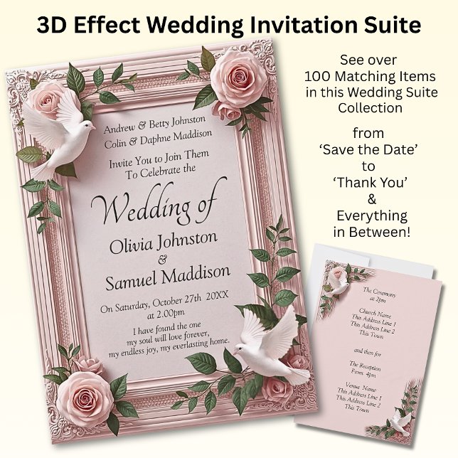 Wedding Invitation Pink Roses & Doves Wedding (Creator Uploaded)