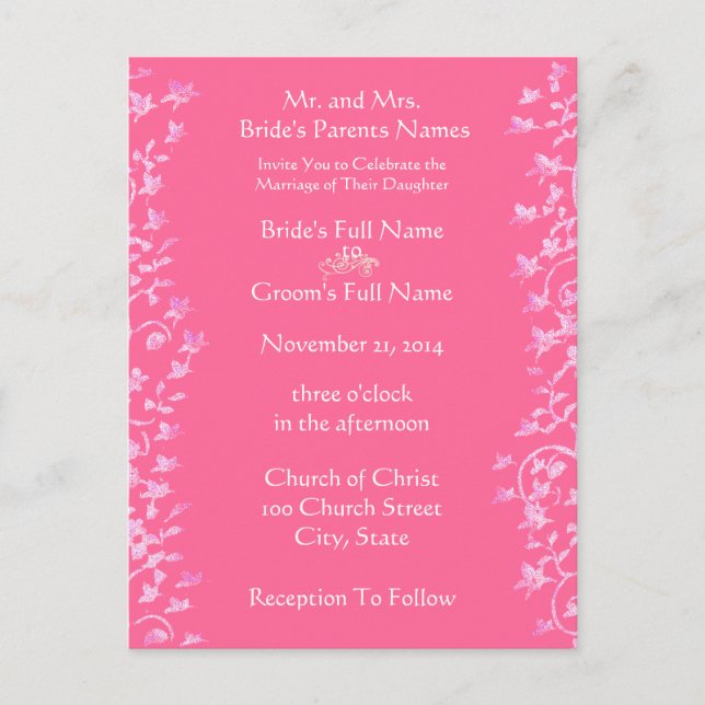 Wedding Invitation Pink Swirls and Flowers Postcard (Front)
