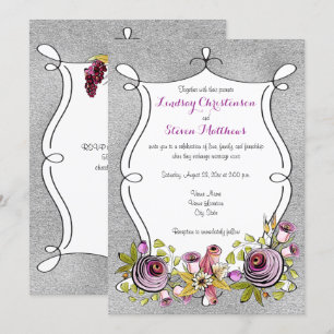 Wedding Invitation Plum, FAUX Silver Foil Floral