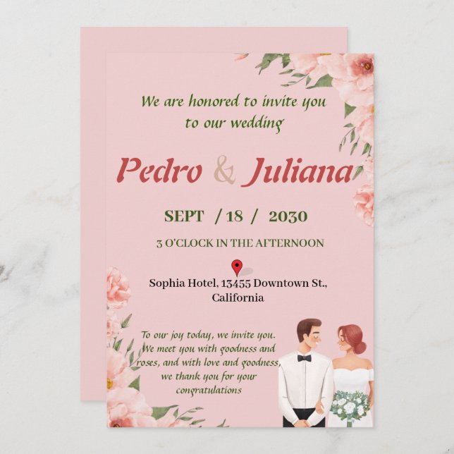 Wedding invitation printed with simple pink, white (Front/Back)