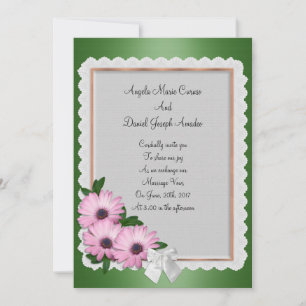 Wedding invitation Purple daisies on green satin