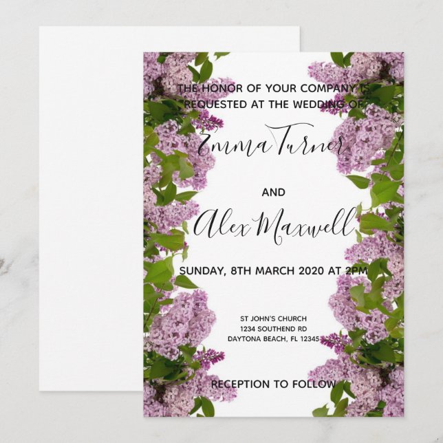 Wedding Invitation | Purple Floral Script (Front/Back)