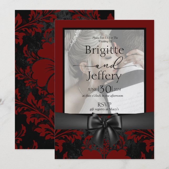 Wedding invitation red  & black traditional photo (Front/Back)