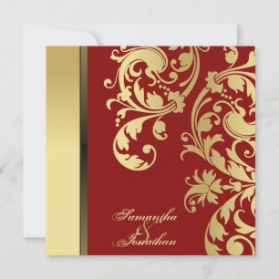 Wedding Invitation Red Gold Shimmer Floral Swirls