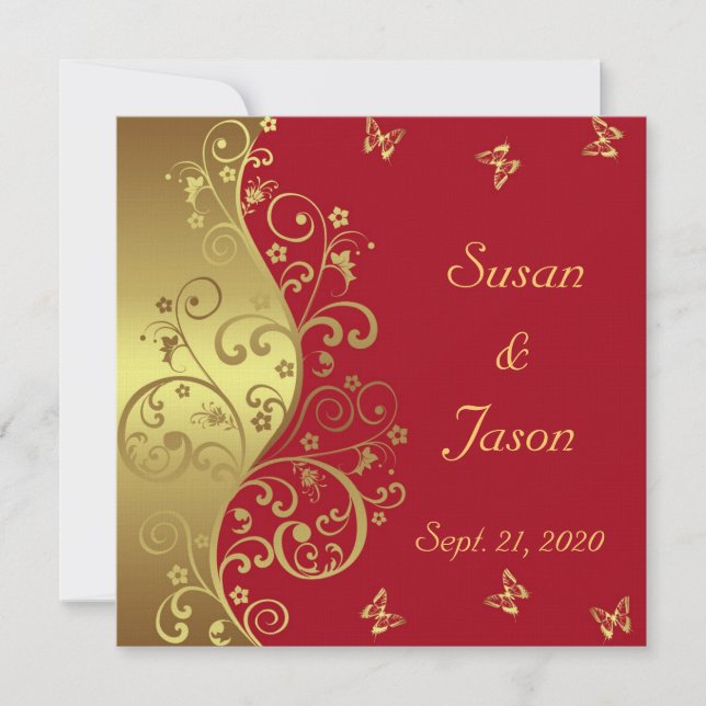 Wedding Invitation--Red & Gold Swirls Invitation (Front)