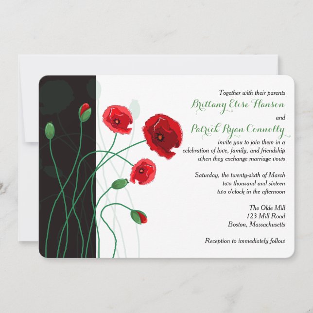 Wedding Invitation | Red Poppies with Black, Green (Front)