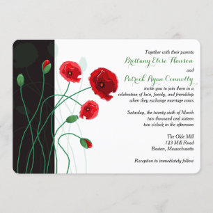 Wedding Invitation Red Poppies with Black, Green