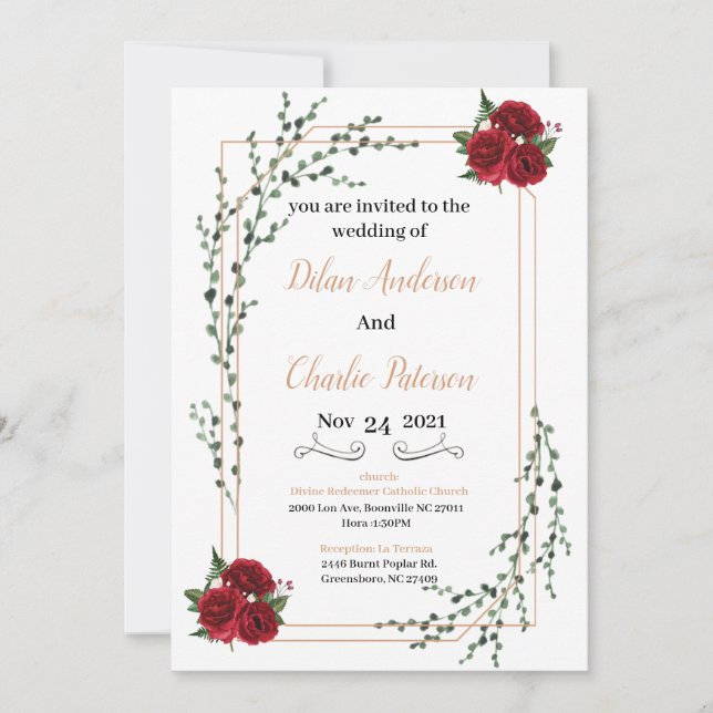 Wedding Invitation, red rose  Gold  (Front)