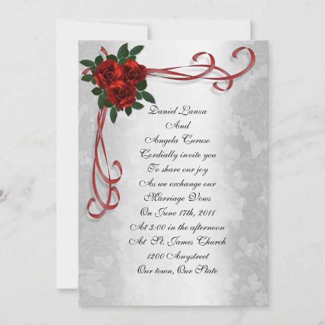 Wedding invitation red roses and ribbons (Front)