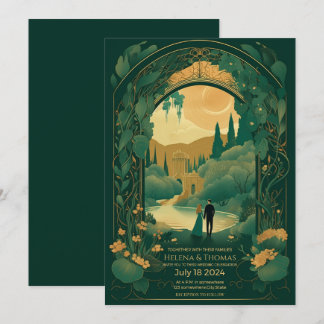 Wedding Invitation Romantic Emerald Green and Gold