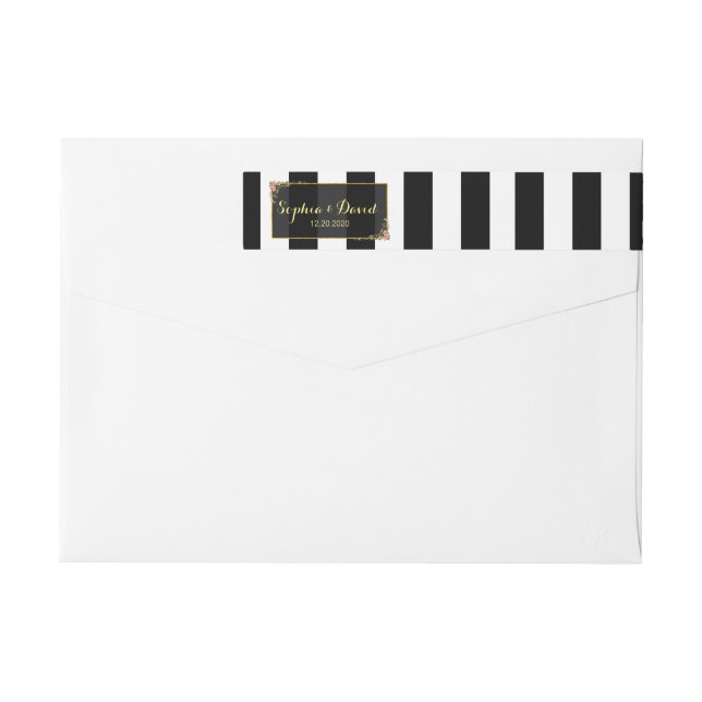 Wedding Invitation | Roses Gold Foil Black Stripes Wrap Around Label (Back)