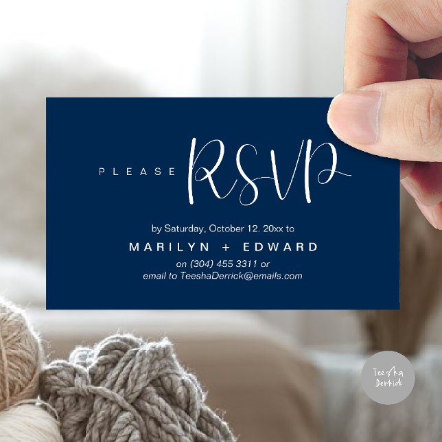 Wedding Invitation RSVP Reminder Enclosed Card (Wedding invitation RSVP via Phone or email respond reminder Enclosure Card in aesthetic Navy Blue)
