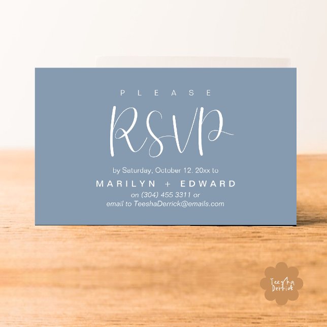 Wedding Invitation RSVP Reminder Enclosed Card (Wedding invitation RSVP via Phone or email respond reminder Enclosure Card in aesthetic Dusty Blue)