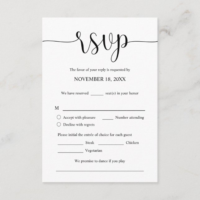 Wedding Invitation RSVP Respond, Meal options Card (Front)
