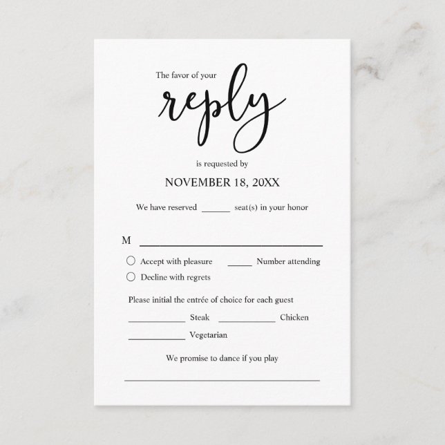 Wedding Invitation RSVP Respond, Meal options Card (Front)