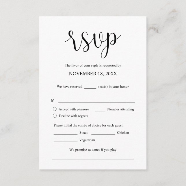 Wedding Invitation RSVP Respond, Meal options Card (Front)