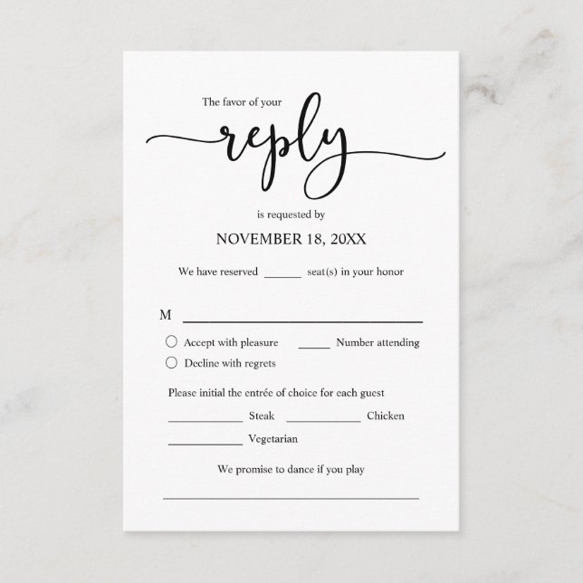 Wedding Invitation RSVP Respond, Meal options Card (Front)