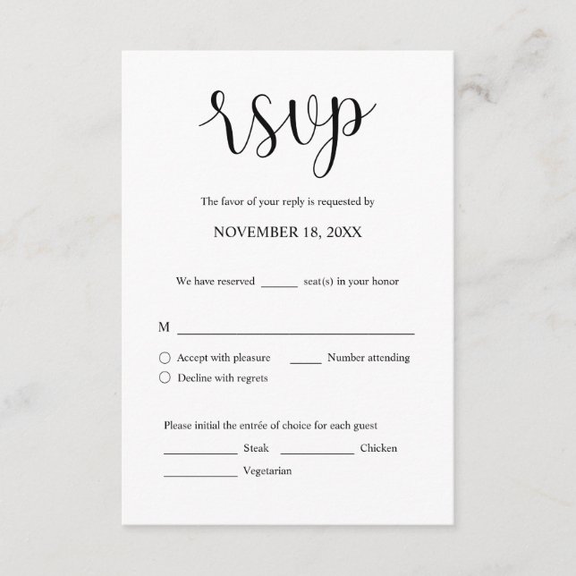 Wedding Invitation RSVP Respond, Meal options Card (Front)