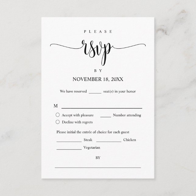 Wedding Invitation RSVP Respond, Meal options Card (Front)