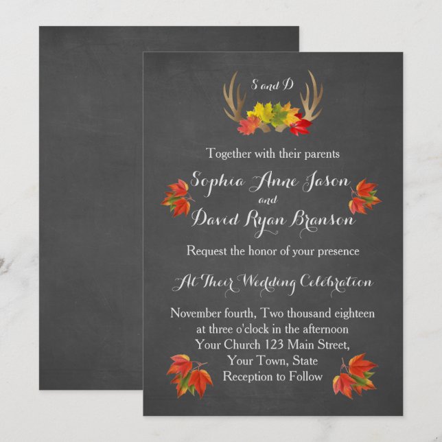 Wedding Invitation | Rustic Antlers Fall Boho (Front/Back)