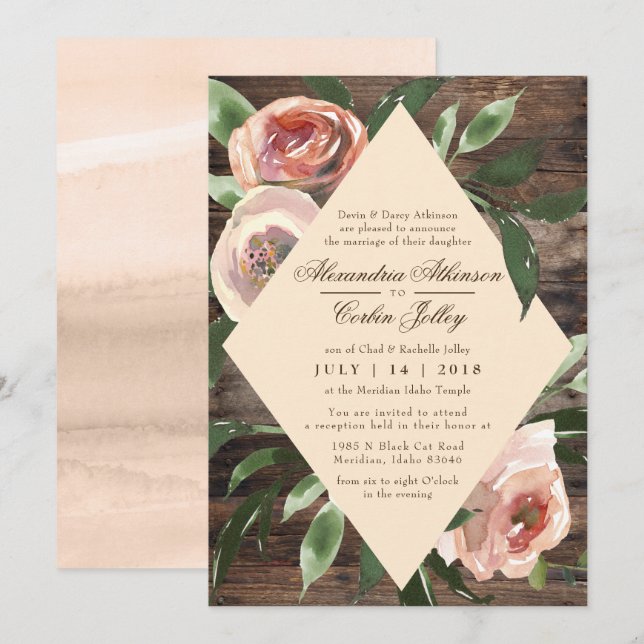 WEDDING INVITATION | Rustic Wood Blush Floral Sage (Front/Back)
