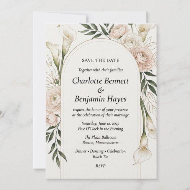 wedding invitation, save the date, blue toile, invitation (Front)