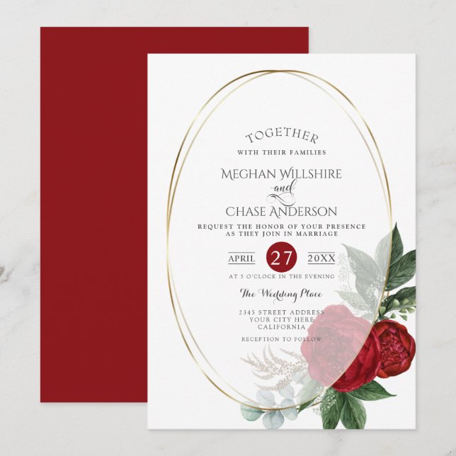 Wedding Invitation | Scarlet Peony Floral Oval (Front/Back)