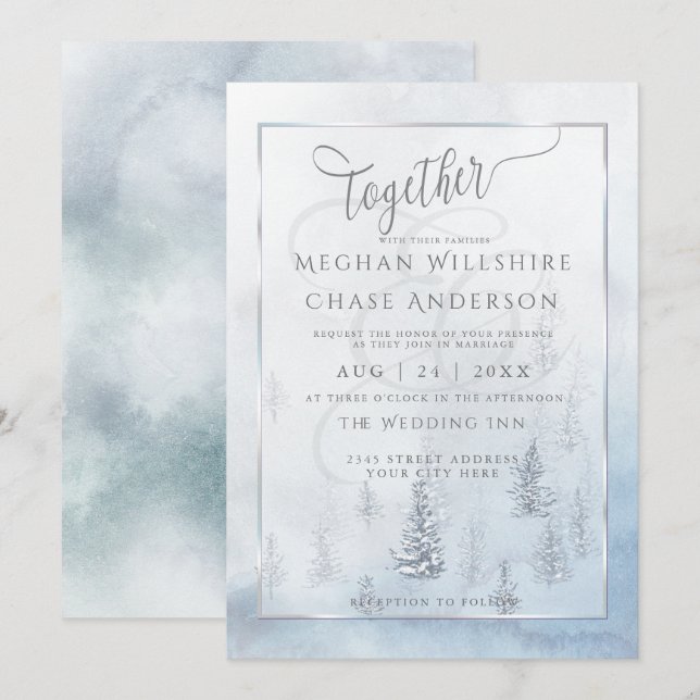 Wedding Invitation | Silver Blue Winter Wonderland (Front/Back)